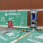 An electric car plugged into a public fast charger